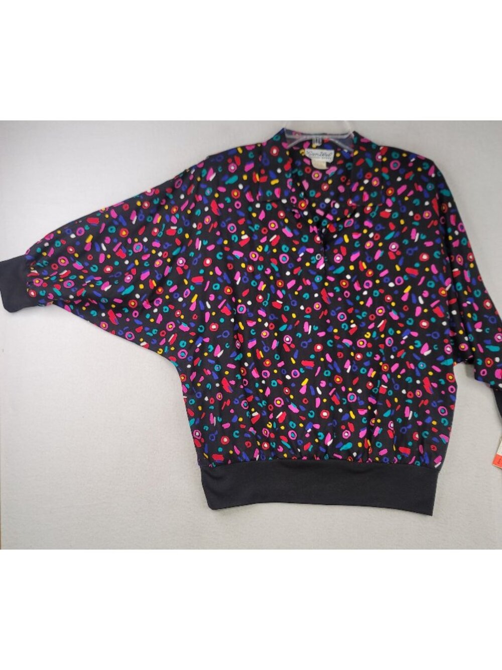 Vintage 80s Sanibel Sport Confetti Print Blouse S Black Multi Retro Festival